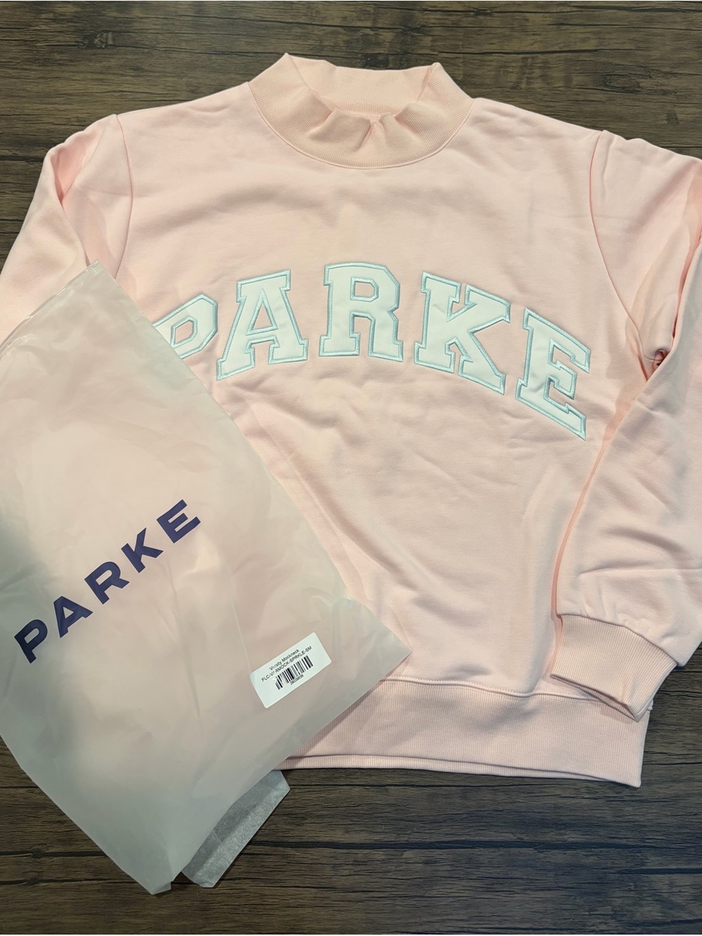 PARKE Light Pink Crewneck Sweatshirt White Sewn Lettering New with Bag S/M